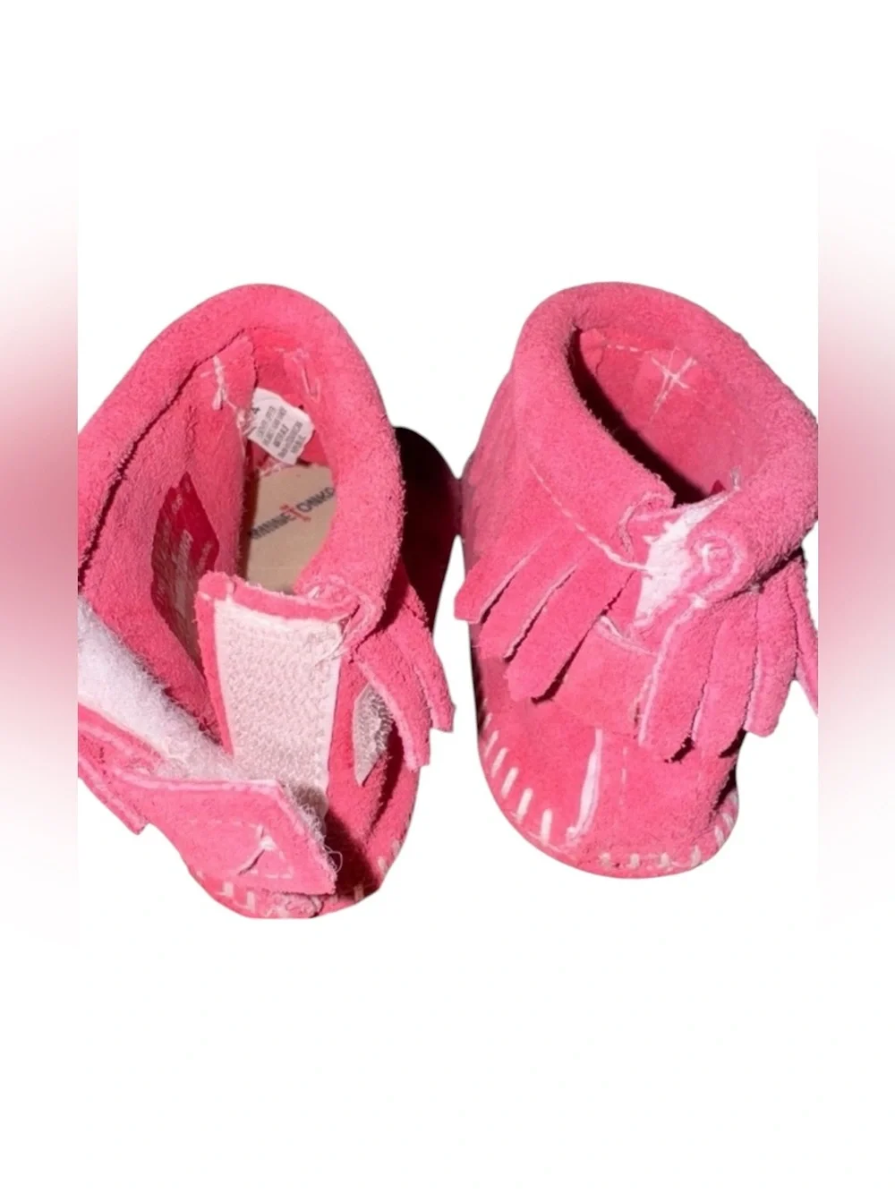 Minnetonka baby moccasins size 4 pink suede fringe leather soft sole shoes